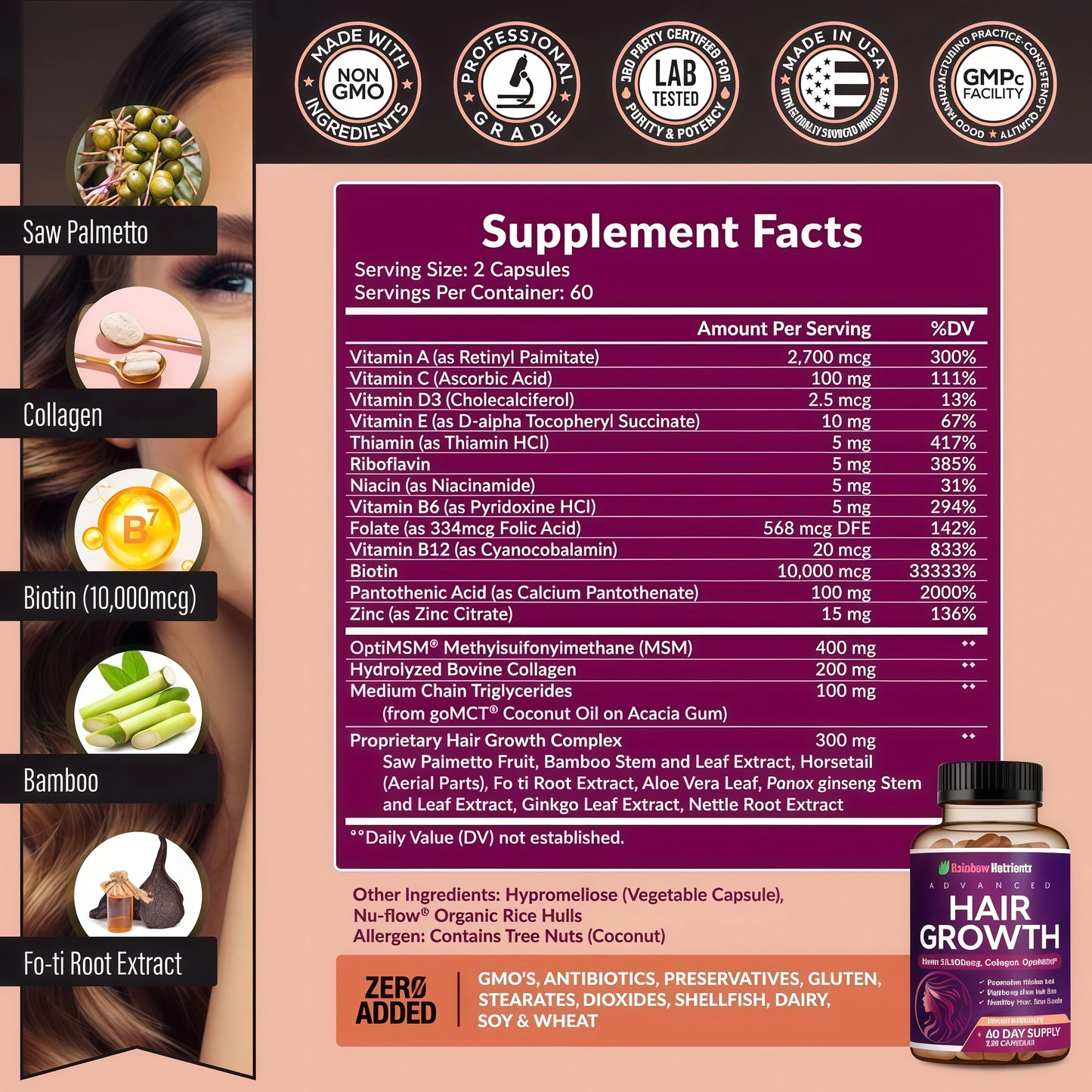 Hair Growth Vitamins for Women | Biotin 10,000mcg, Collagen, Patented OptiMSM®, goMCT®, Saw Palmetto | Naturally Regrow Stronger & Healthier Hair, Skin and Nails | May Stop Hair Loss