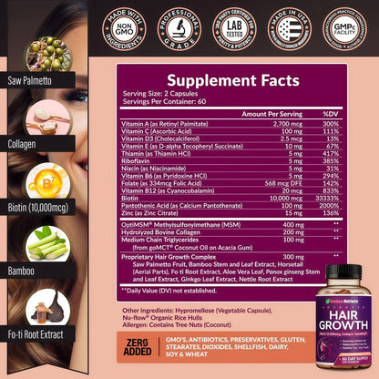 Hair Growth Vitamins for Women | Biotin 10,000mcg, Collagen, Patented OptiMSM®, goMCT®, Saw Palmetto | Naturally Regrow Stronger & Healthier Hair, Skin and Nails | May Stop Hair Loss