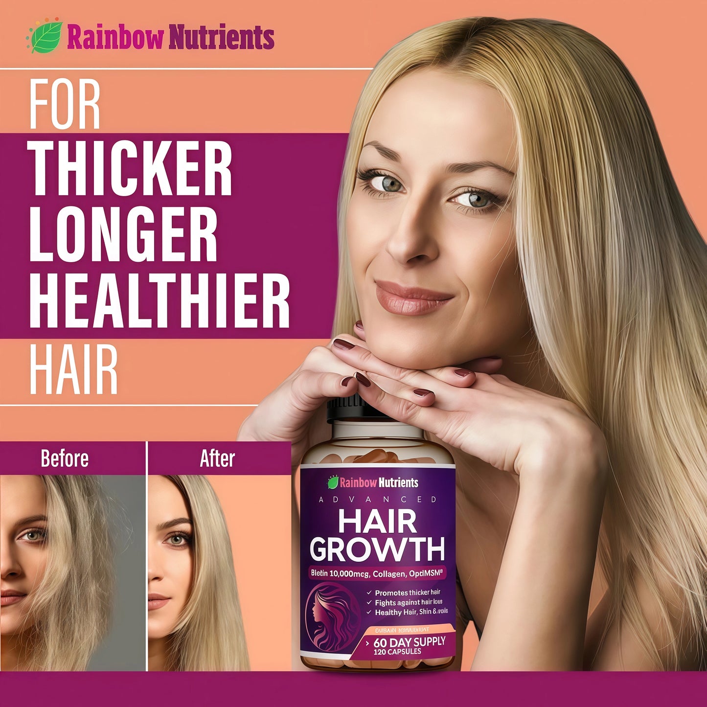 Hair Growth Vitamins for Women | Biotin 10,000mcg, Collagen, Patented OptiMSM®, goMCT®, Saw Palmetto | Naturally Regrow Stronger & Healthier Hair, Skin and Nails | May Stop Hair Loss